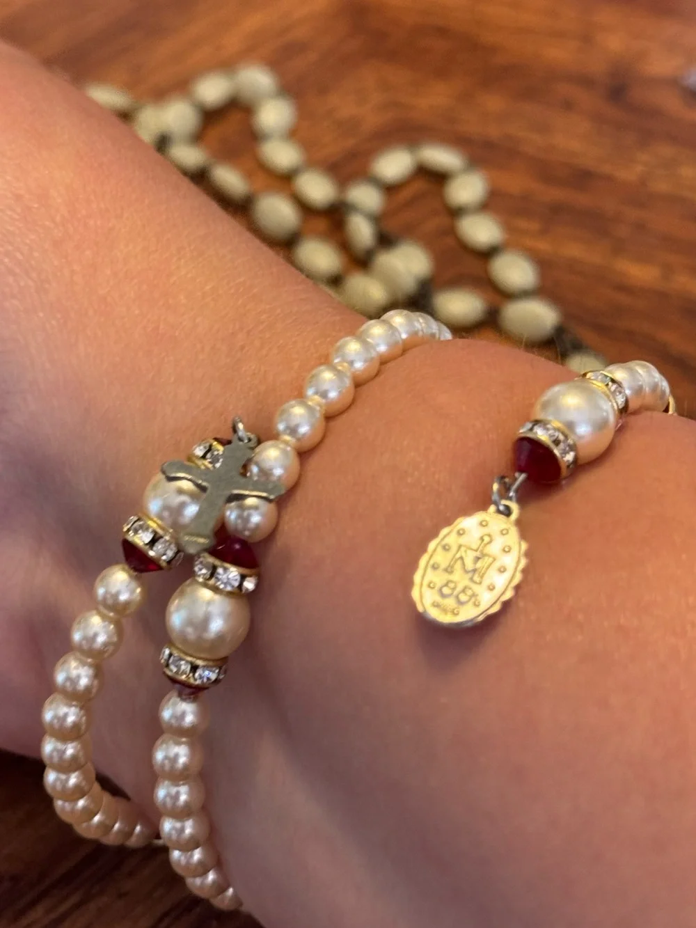 Pearl Beaded Stretch Bracelet Stack with Cross Charms